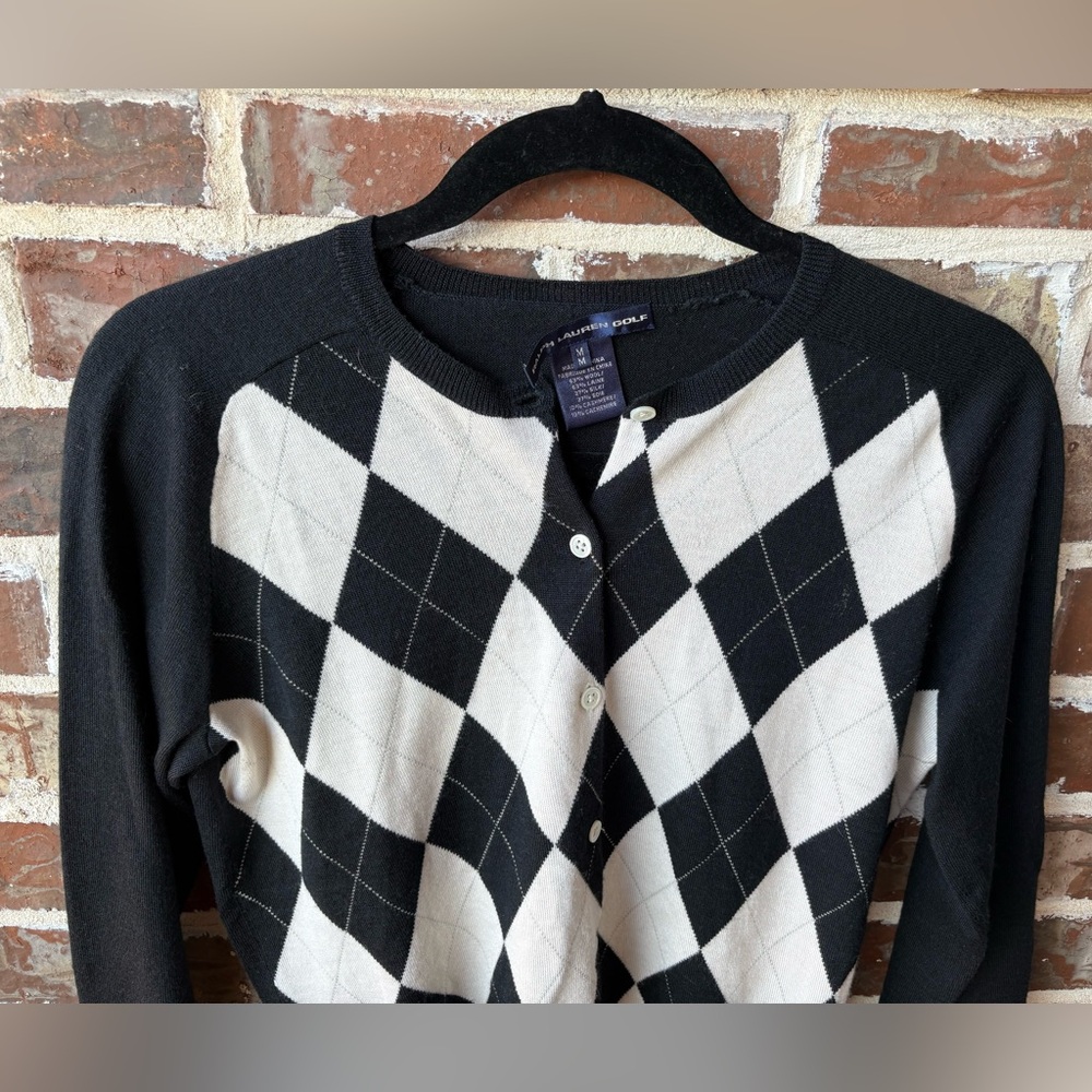Ralph Lauren Golf Argyle Black White Silk Cashmere Cardigan Size Medium - Picture 5 of 12